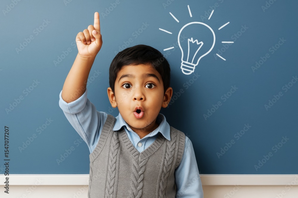 Aufkleber Surprised child pointing upward with a creative idea expression and light bulb sketch over blue background as a symbol of inspiration and learning.