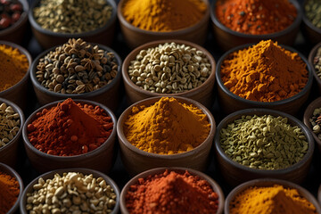 Spices herbs condiments seasoning on rustic wooden table