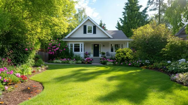 Cozy house with green lawn and colorful flower garden surrounded by lush trees and bushes under bright sunlight, featuring inviting porch, vibrant grass, and peaceful outdoor atmosphere