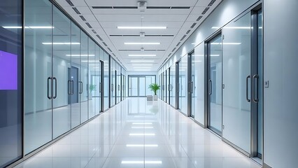Modern Office Corridor Design Clean, Minimalist Glass Walls and Bright Lighting Enhance Productivity and Professionalism