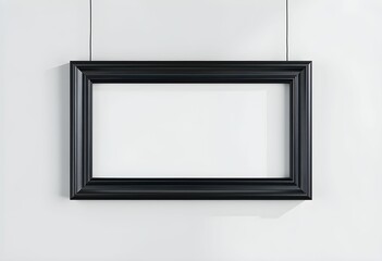 A blank rectangular picture frame hangs on a light grey wall.