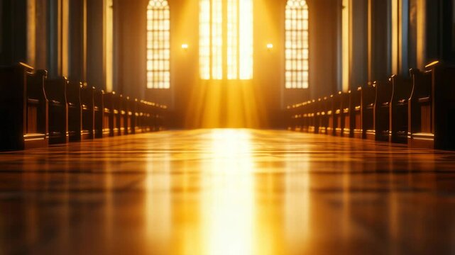 Sunlight streaming through tall church windows illuminates empty wooden aisle with warm reflections on polished floor, creating peaceful interior filled with golden tones and serene atmosphere
