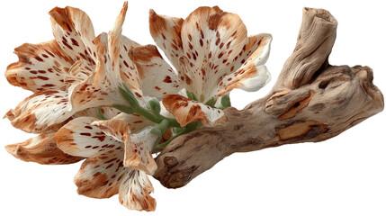 Obraz premium Exotic Floral Arrangement: A cluster of captivating flowers showcases delicate petals with intricate patterns, nestled beside a piece of weathered wood.