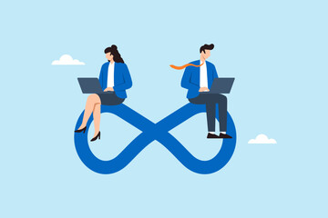 Flat illustration of business people sitting on infinity loop while working on laptops to represent continuous workflow, agile collaboration, and sustainable productivity