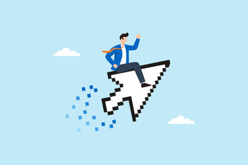 Flat illustration of businessman riding pixelated cursor arrow to represent digital transformation online direction and web navigation leadership