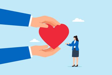 Flat illustration of big supportive hands giving red heart to businesswoman symbolizing care compassion empathy and emotional support in workplace