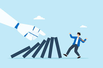 Flat illustration of robot hand pushing domino chain to knock down businessman symbolizing AI automation risk and threat to human employment