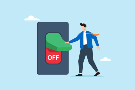 Flat illustration of businessman turning off giant switch to take break from work symbolizing digital detox burnout recovery and work-life balance