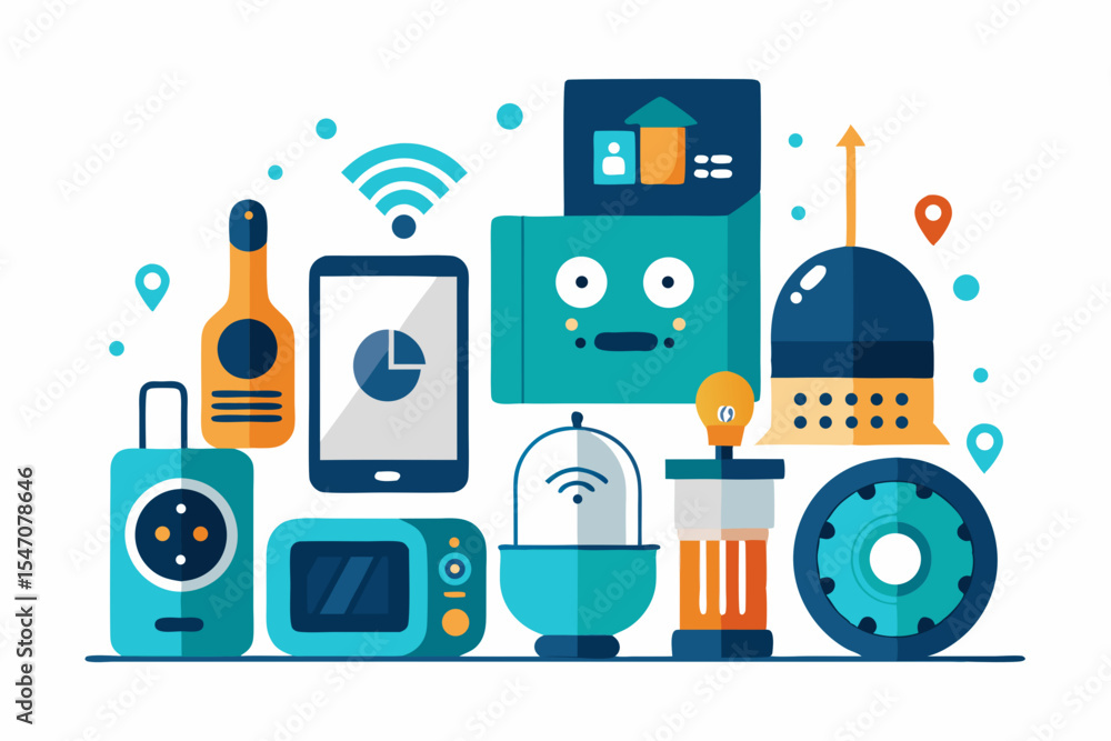 Poster smart technology icons design featuring gadgets and a robot for app branding and website design