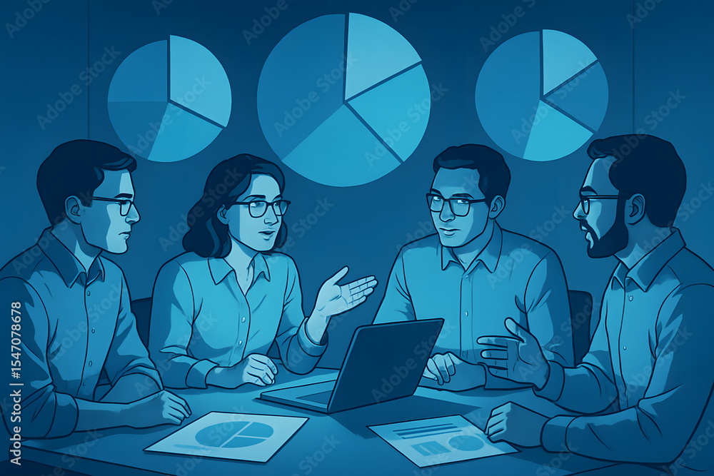 Poster data driven discussion: a group of professionals engaged in an insightful discussion, illustrated wi