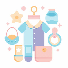 Adorable Baby Outfit and Accessories Design perfect for Nursery Decor, Branding, and Children's Products featuring a cute onesie, pacifier, and more.