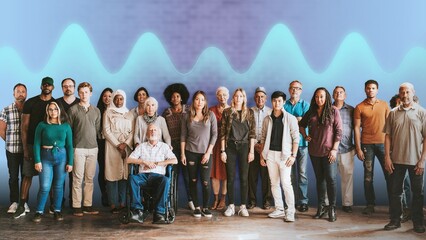 Group of diverse people standing in front of a brick wall