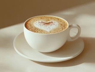 A tranquil close-up of a cappuccino with a delicately crafted heart-shaped design. The warm beverage sits in a pristine white cup, exuding an inviting atmosphere of morning calm and indulgence.