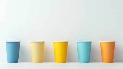 Colorful Disposable Cups in a Row Against a Neutral Background