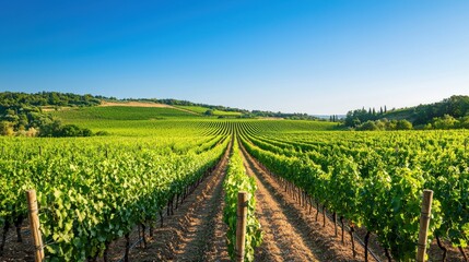 Scenic Landscape of Lush Green Vineyard Rows Under Clear Blue Sky in Beautiful Wine Country