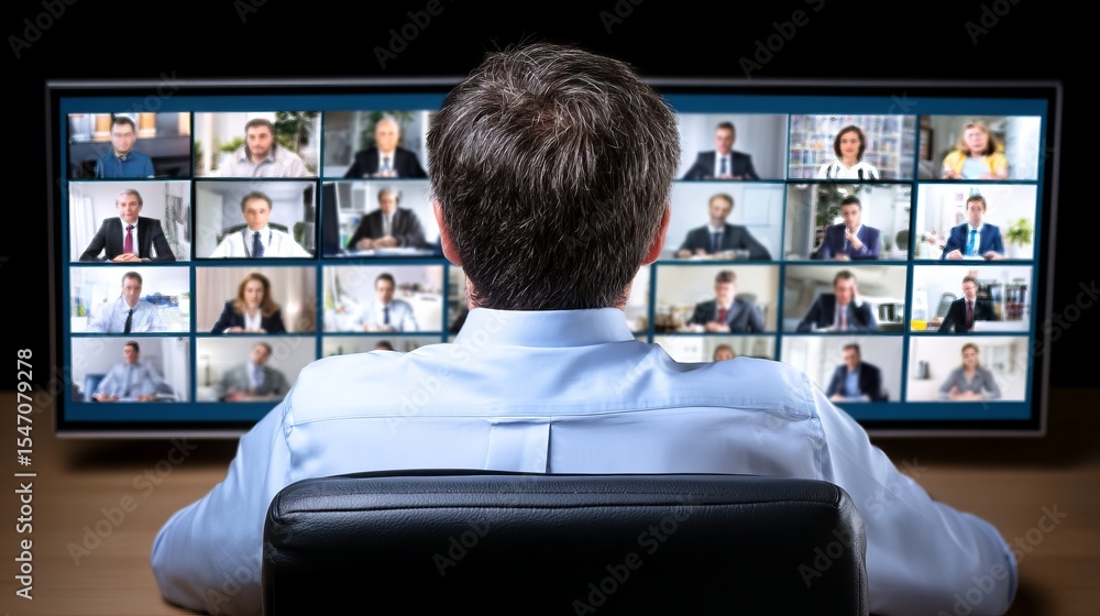 Poster businessman participating in a virtual meeting with multiple colleagues on a large screen
