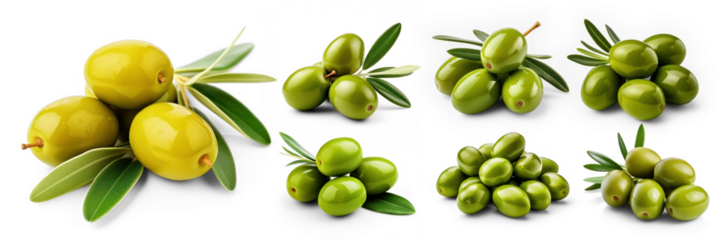 A collection of green olives with leaves on a transparent background