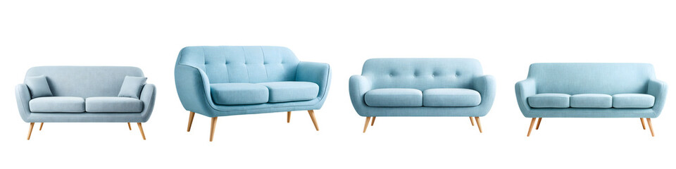 Fototapeta premium Modern Light Blue Sofa Collection Isolated on White Background