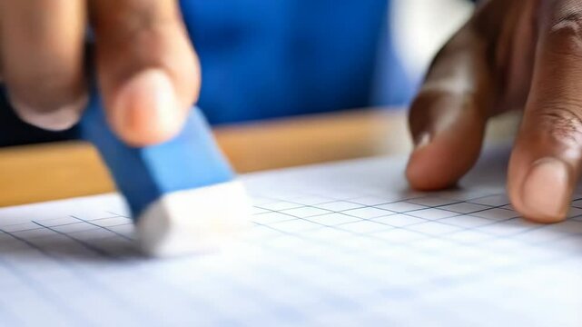 Person erasing a line with a blue and white eraser on a grid paper surface for correction and precision in drafting or design work.