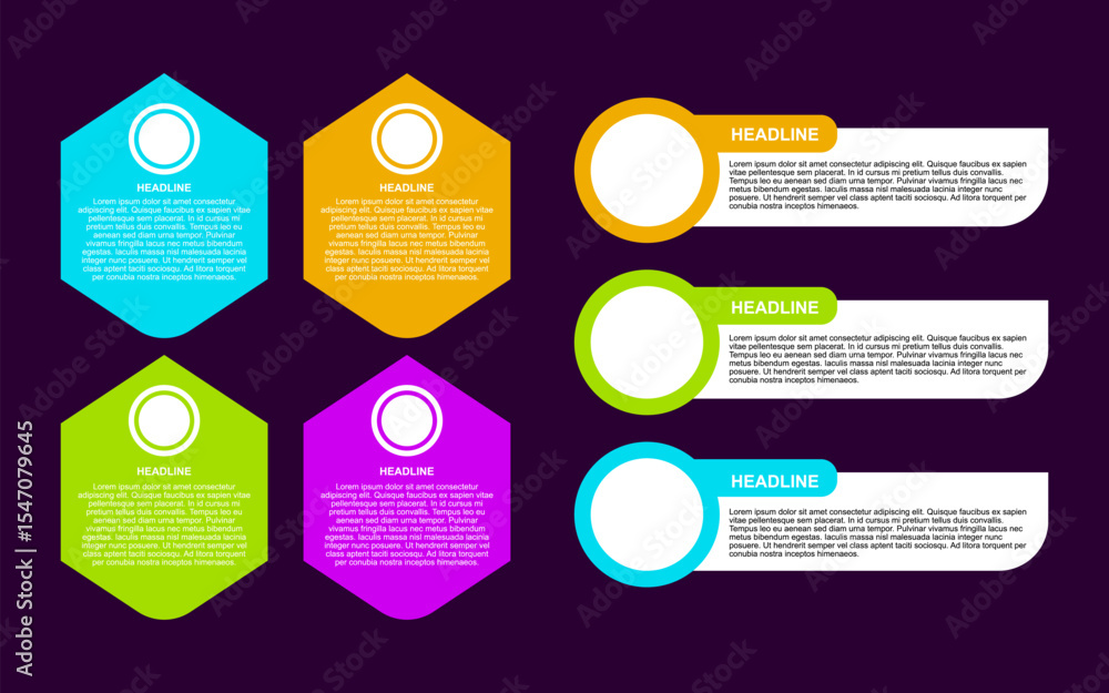 Poster infographic colorful hexagonal text boxes for business promotion with headlines and sample text.