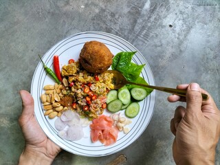 Fried rice with fermented pork salad, family recipe Thai food adapted from Vietnamese food culture,...