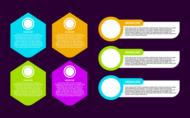 Infographic colorful hexagonal text boxes for business promotion with headlines and sample text.