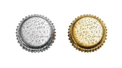 Golden and Silver Bottle Caps with Water Droplets Isolated on transparent background