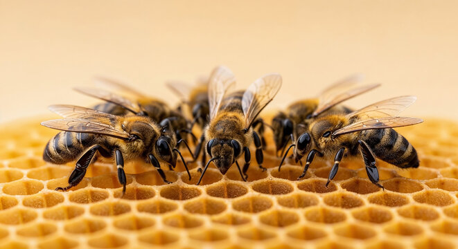 Honey bees working on honeycomb: teamwork and honey production