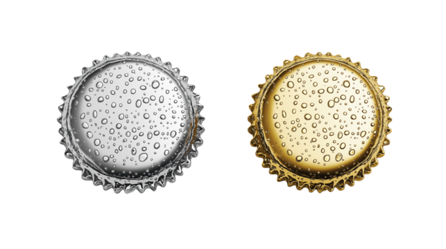 Golden and Silver Bottle Caps with Water Droplets Isolated on transparent background