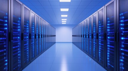 Fototapeta premium Server Room Corridor with Blue LED Lights and Modern Technology in a Data Center Environment