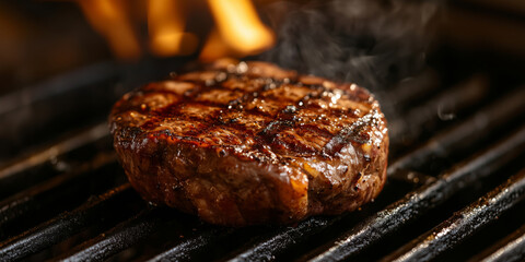 Close up shot of perfectly grilled steak barbecue grill, showcasing its juicy texture and appetizing grill marks, evoking sense of deliciousness