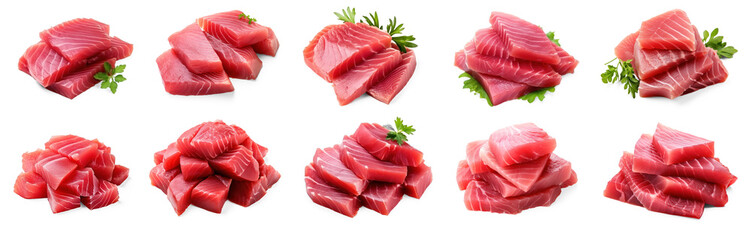 A collection of fresh tuna slices on a transparent background