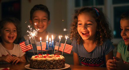 Birthday Cake with Candles and American Flags Sparklers | Happy Children Celebrating Independence Day or Patriotic Event