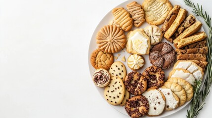 Assorted Homemade Cookies on a White Plate with Green Garnish