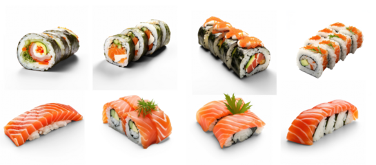 A variety of sushi rolls and sashimi on a transparent background