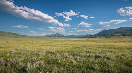Expansive meadow landscape under a clear summer sky.