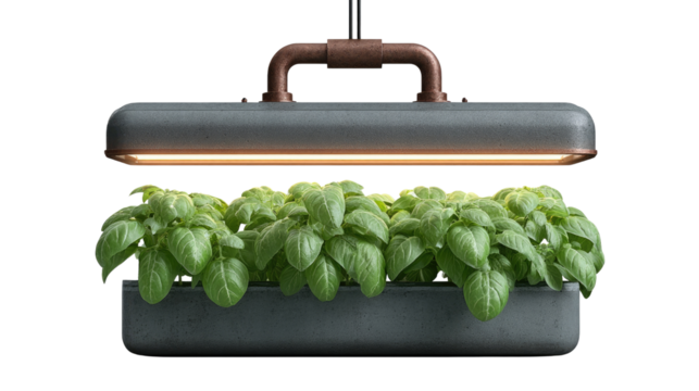 Modern indoor garden: A sleek, modern indoor garden setup illuminates lush, vibrant green herbs with focused LED lighting, epitomizing freshness, innovation and sustainable living.