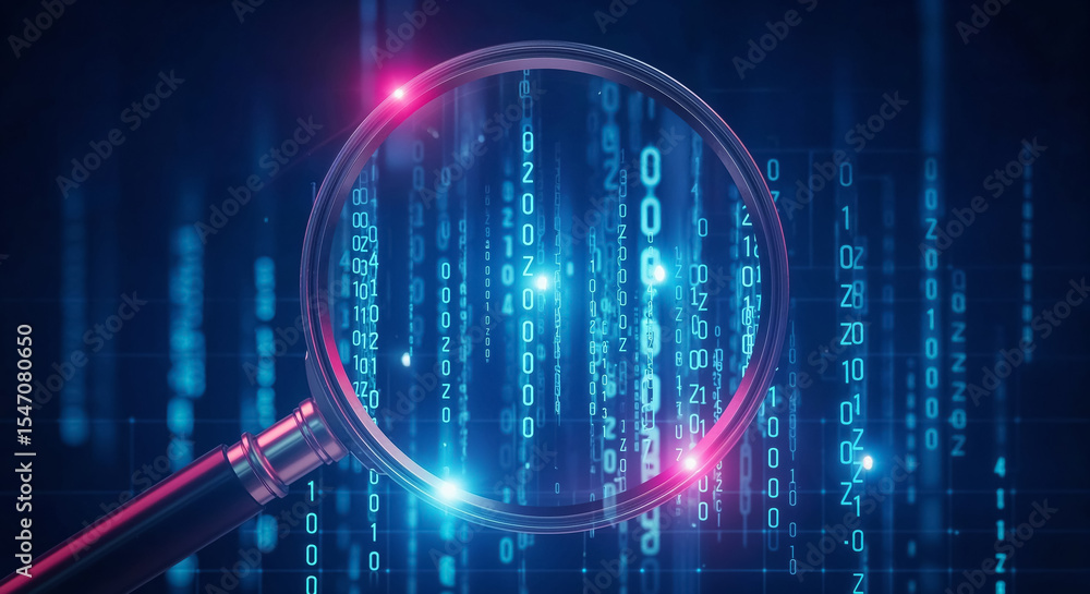 Poster Magnifying glass exploring binary code stream in cyberspace