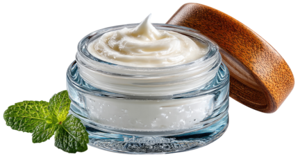 Lush Cream Jar with Fresh Mint: A close-up shot of a transparent glass jar overflowing with a creamy cosmetic product, accompanied by sprigs of fresh green mint.