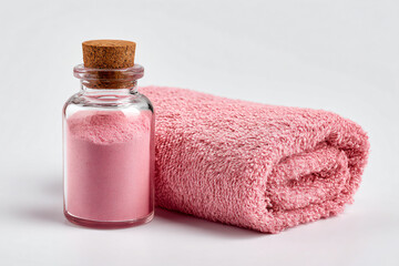 a pink towel and a bottle of pink powder