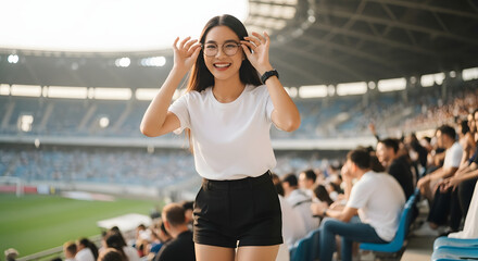 Stadium Spectator's Joy: A cheerful woman, radiating pure happiness and excitement, is amidst a crowded stadium setting, exuding her enthusiasm, enjoying every moment of the event.