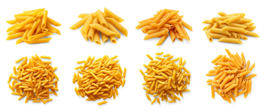 A collection of various types of pasta arranged on a white surface.