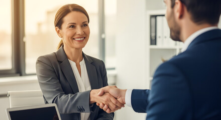 Handshake of Agreement: A poised woman, exuding confidence and warmth, seals a deal with a firm handshake, symbolizing successful business. Capturing the essence of cooperation and achievement.