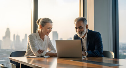 Consulting in the City: Two business professionals engrossed in a laptop at a large conference table. Highlighting the bond between colleagues and the modern business environment.