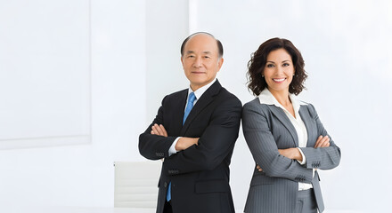 Asian businessman and caucasian businesswoman with confidence: An asian businessman and caucasian businesswoman stand back-to-back with confidence, symbolizing partnership.