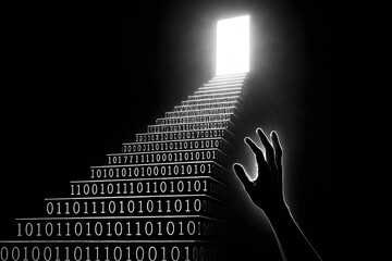 The Binary Ascent: A thought-provoking scene depicts a staircase formed by binary code leading to a bright, inviting doorway, with a hand reaching upwards towards the light, symbolic of knowledge.