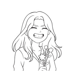 Outline of a smiling woman holding a bouquet of flowers.