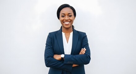 Confident Radiance: An African-American businesswoman with a warm, assured smile exudes leadership in a sleek navy suit, embodying professionalism and success.