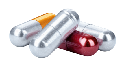 Medicine Capsules Close-Up: A striking close-up showcases a collection of sleek, metallic medicine capsules, highlighting their precise form and vibrant colors.