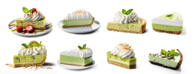 A variety of key lime and coconut cream pies with whipped cream and fresh mint leaves on top.